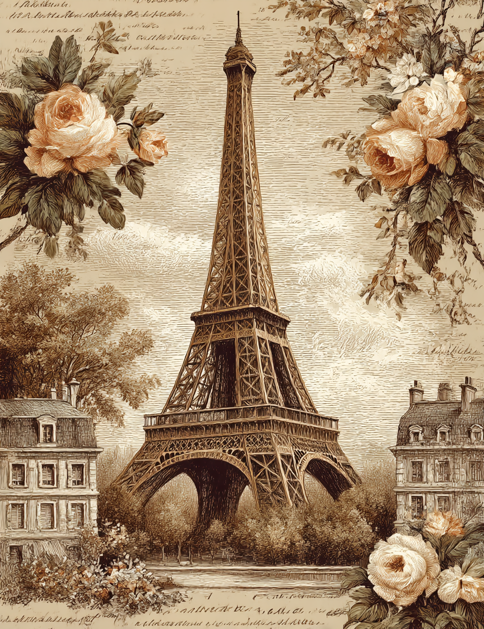 Eiffel Tower illustration with floral decorations on a textured background