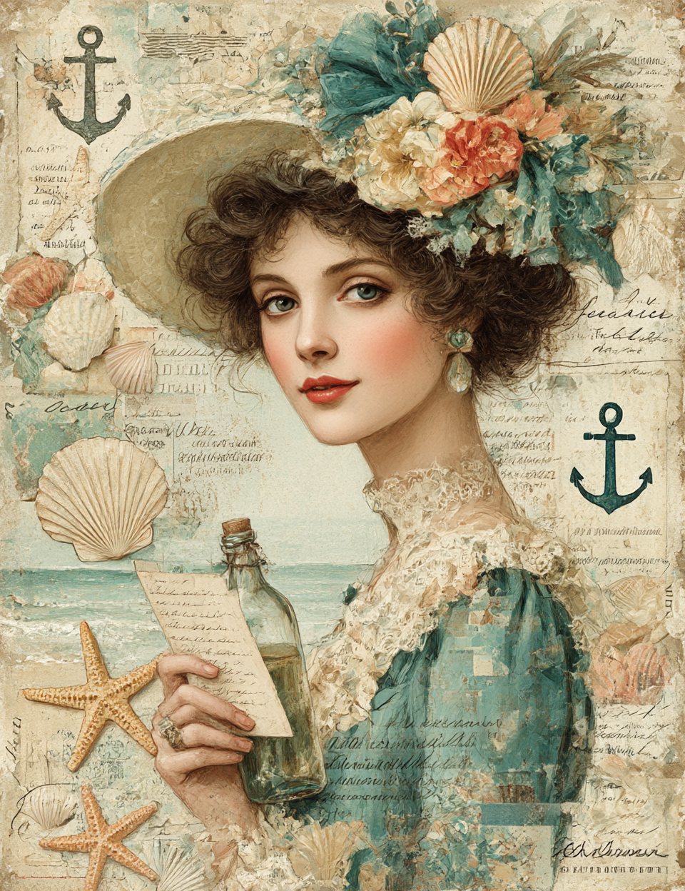 Vintage-style illustration of a woman with floral hat, holding a bottle and letter, surrounded by sea-themed elements.