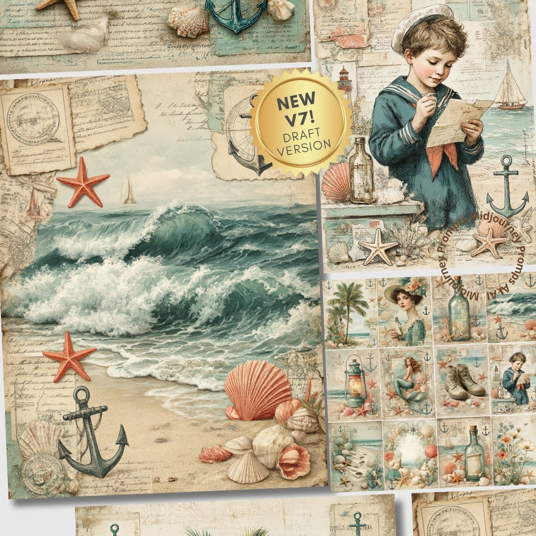 Vintage-style collage with sea-themed elements, including a boy reading a book, waves, and shells.