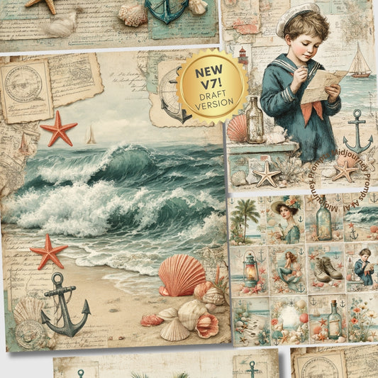 Vintage-style collage with sea-themed elements, including a boy reading a book, waves, and shells.