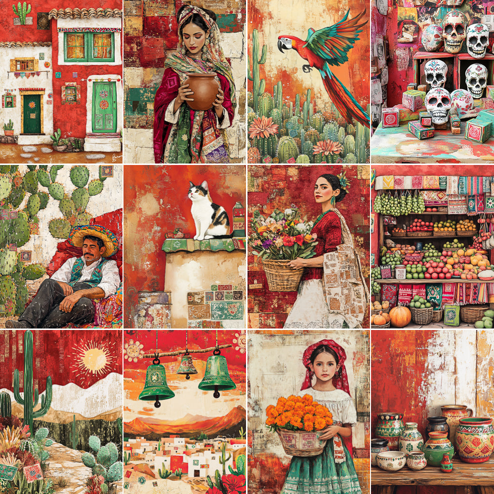 Collage of various colorful and vibrant scenes including a woman with a parrot, a market scene, and a woman with flowers.