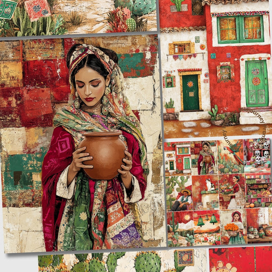 Woman holding a clay pot with a collage of colorful scenes in the background