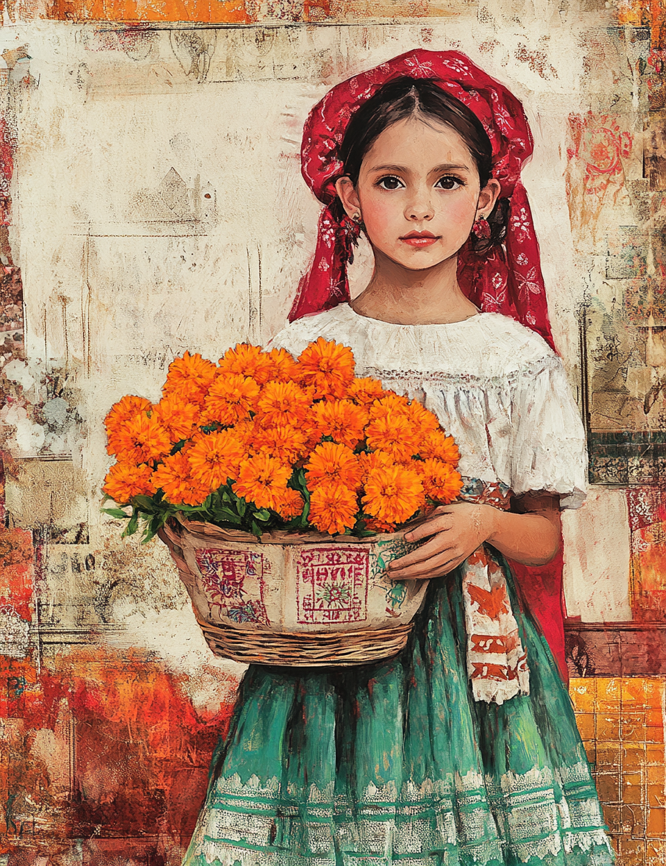 Girl holding a basket of orange flowers against a textured wall.