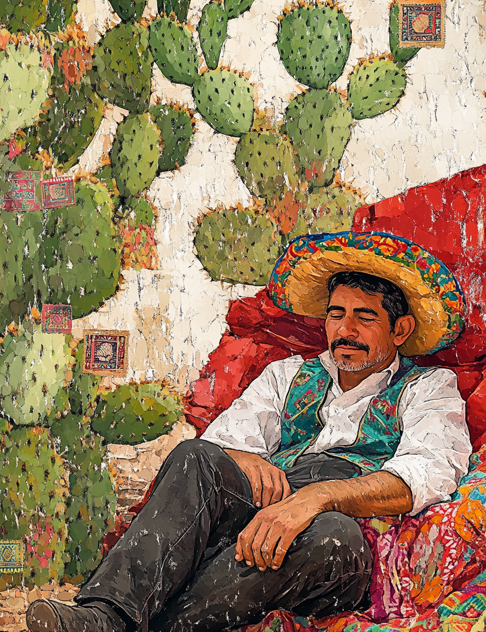 Man in traditional Mexican attire sitting against a cactus wall.