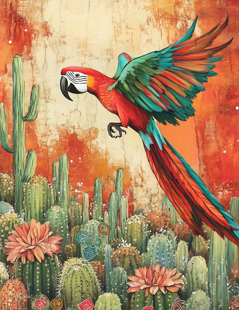 Colorful parrot flying over a desert landscape with cacti and flowers.