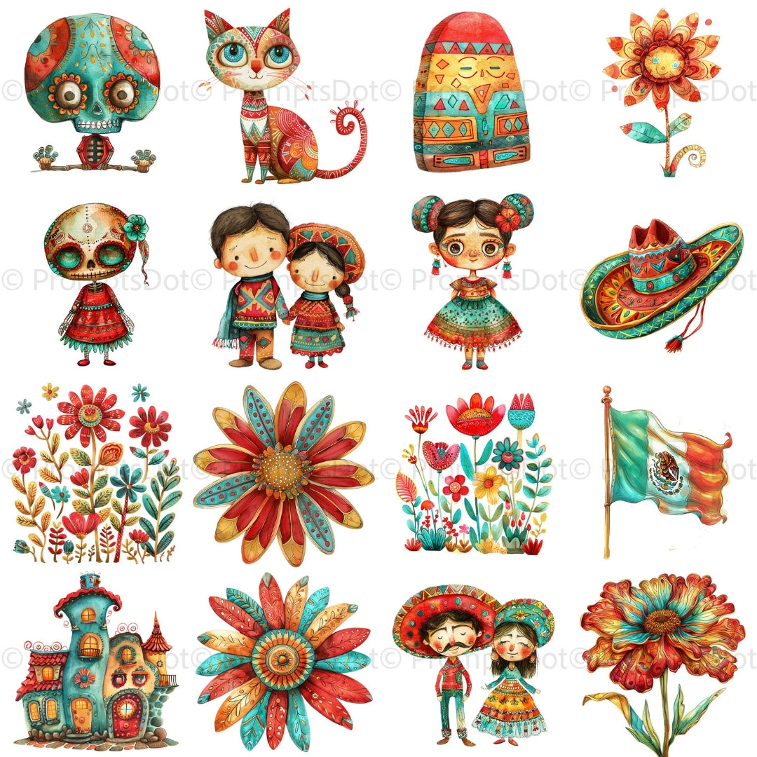 grid 60 Traditional Mexican Clipart PNG Bundle, Mexican Flowers Png