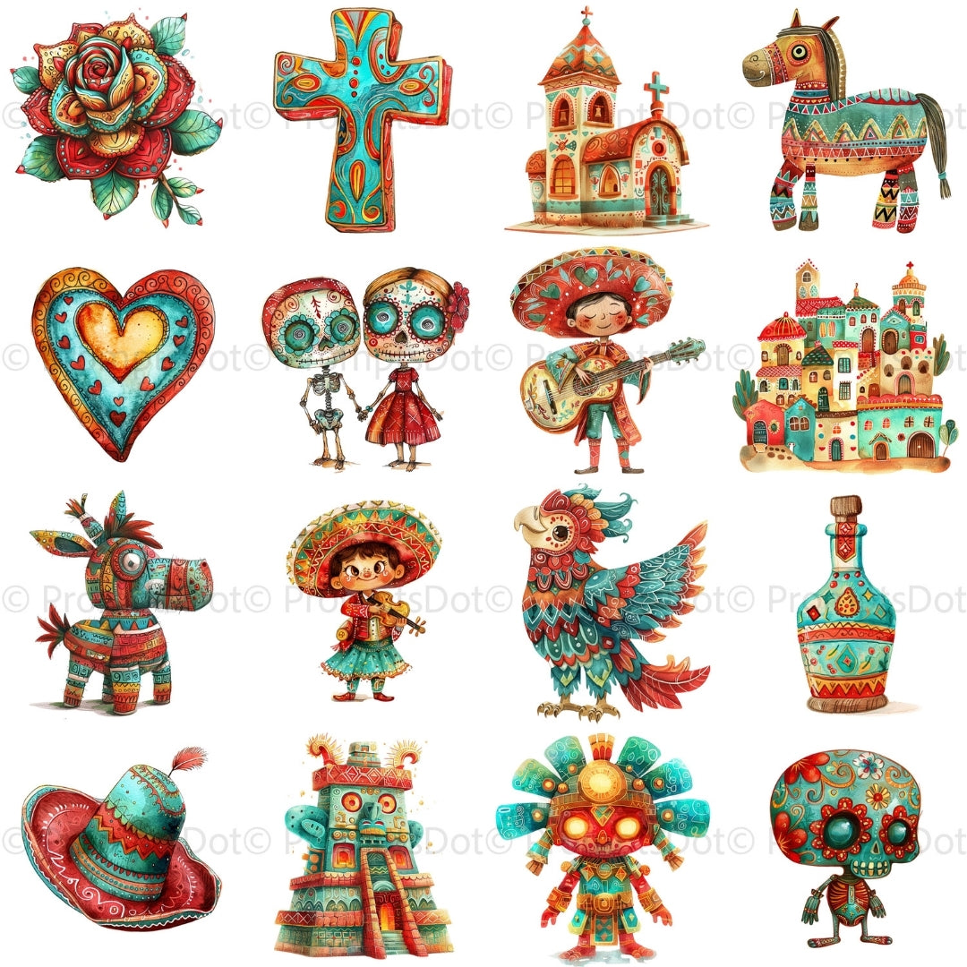 grid 2 60 Traditional Mexican Clipart PNG Bundle, Mexican Flowers Png