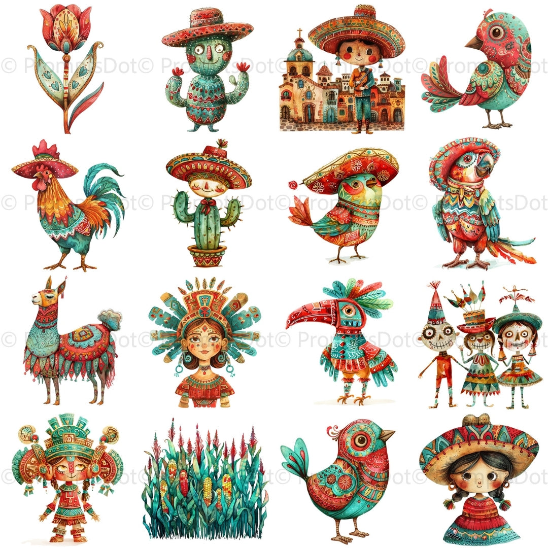 grid 3 60 Traditional Mexican Clipart PNG Bundle, Mexican Flowers Png