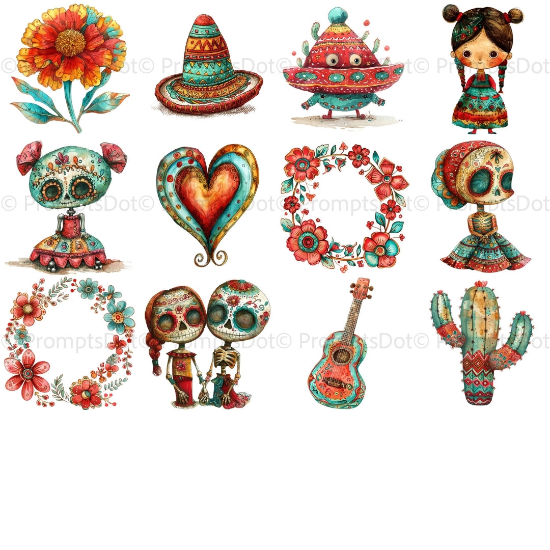 grid 4 60 Traditional Mexican Clipart PNG Bundle, Mexican Flowers Png