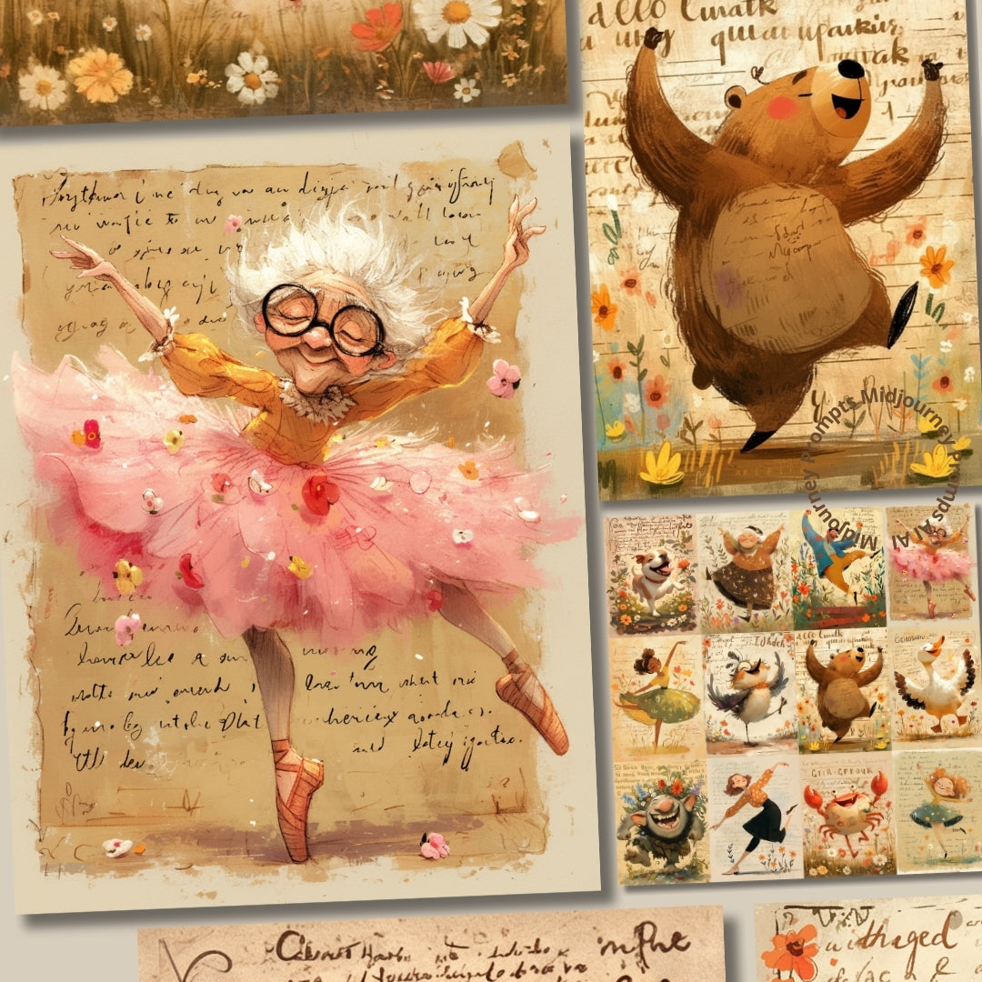 Midjourney Guide PDF for Characters Dancing Ballerina Junk Journal