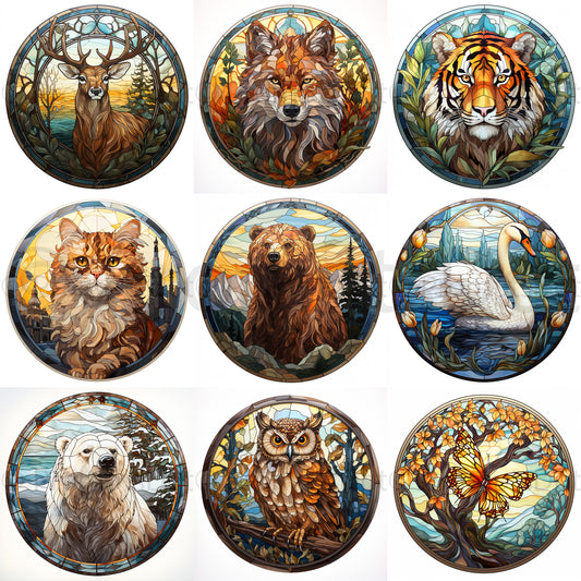 Midjourney Prompt Animal Illustrations Murals Glass Style Commercial Use Collection of Nine