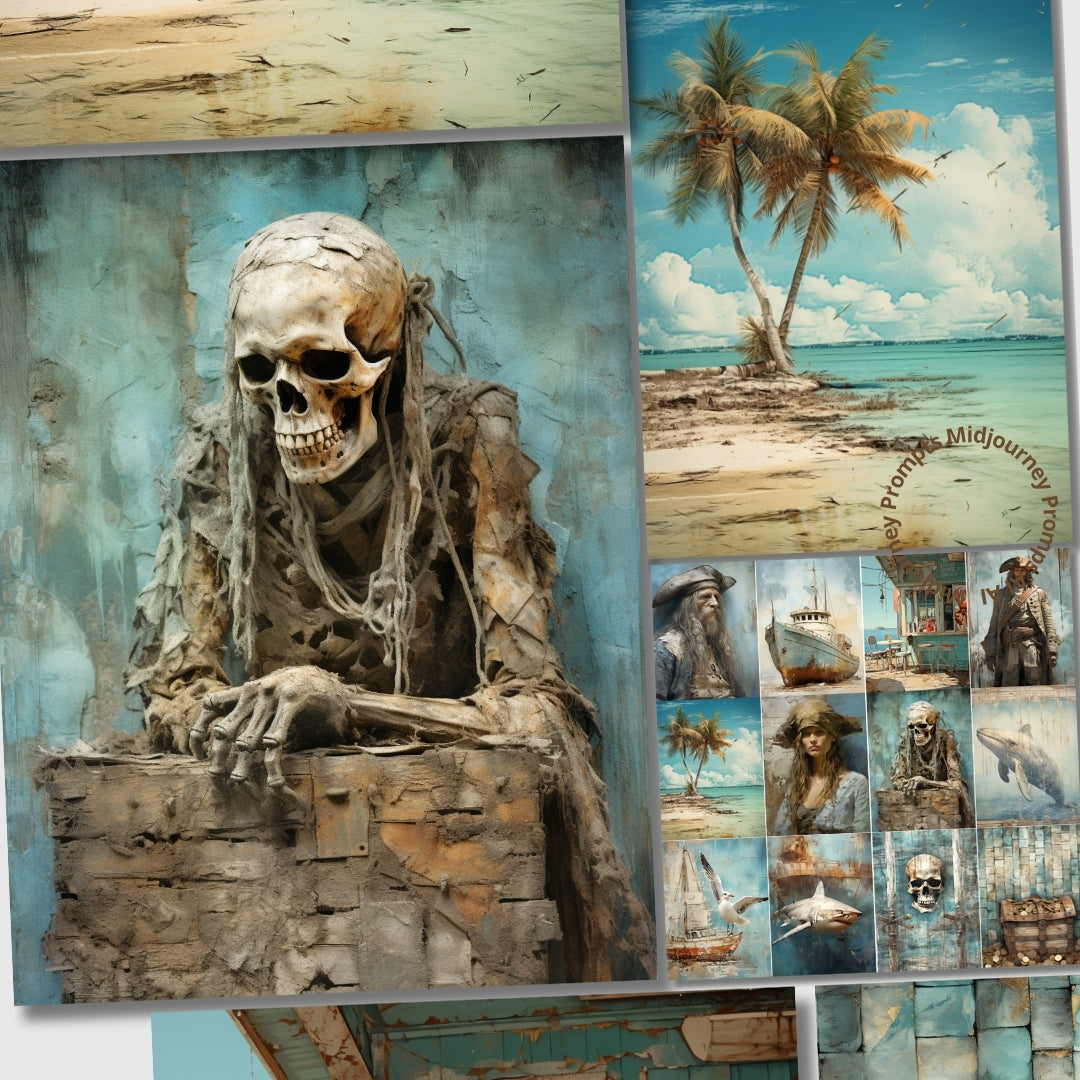 Collage of a skeleton figure and tropical island scene with palm trees and beach.