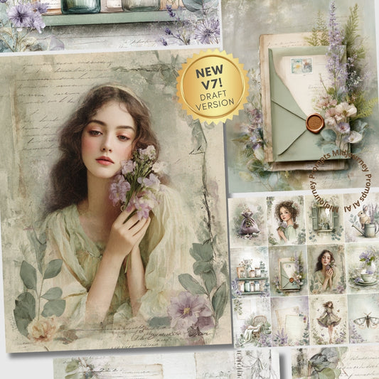 Vintage-style collage with a woman holding flowers, surrounded by decorative elements and a 'NEW V7! Draft Version' badge.
