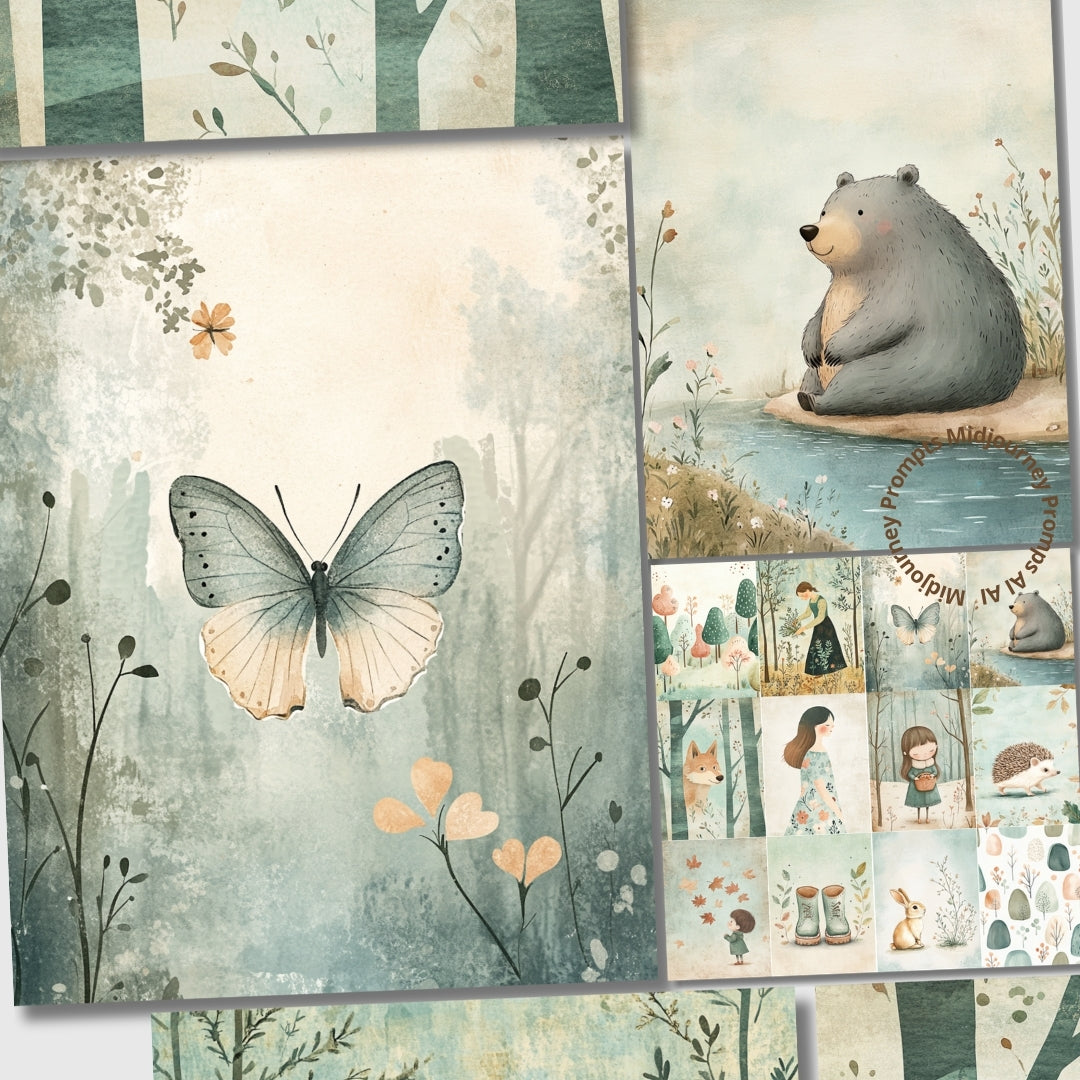 Collage of nature-themed illustrations including a butterfly, bear, and people in a forest setting.