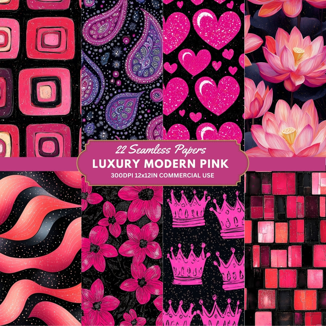 22 Modern Pink Digital Papers, Seamless Pink Scrapbook Paper