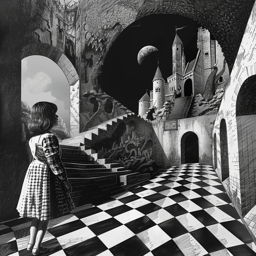 a girl in the castle Midjourney Prompts For Monochromatic Surrealist Illustrations