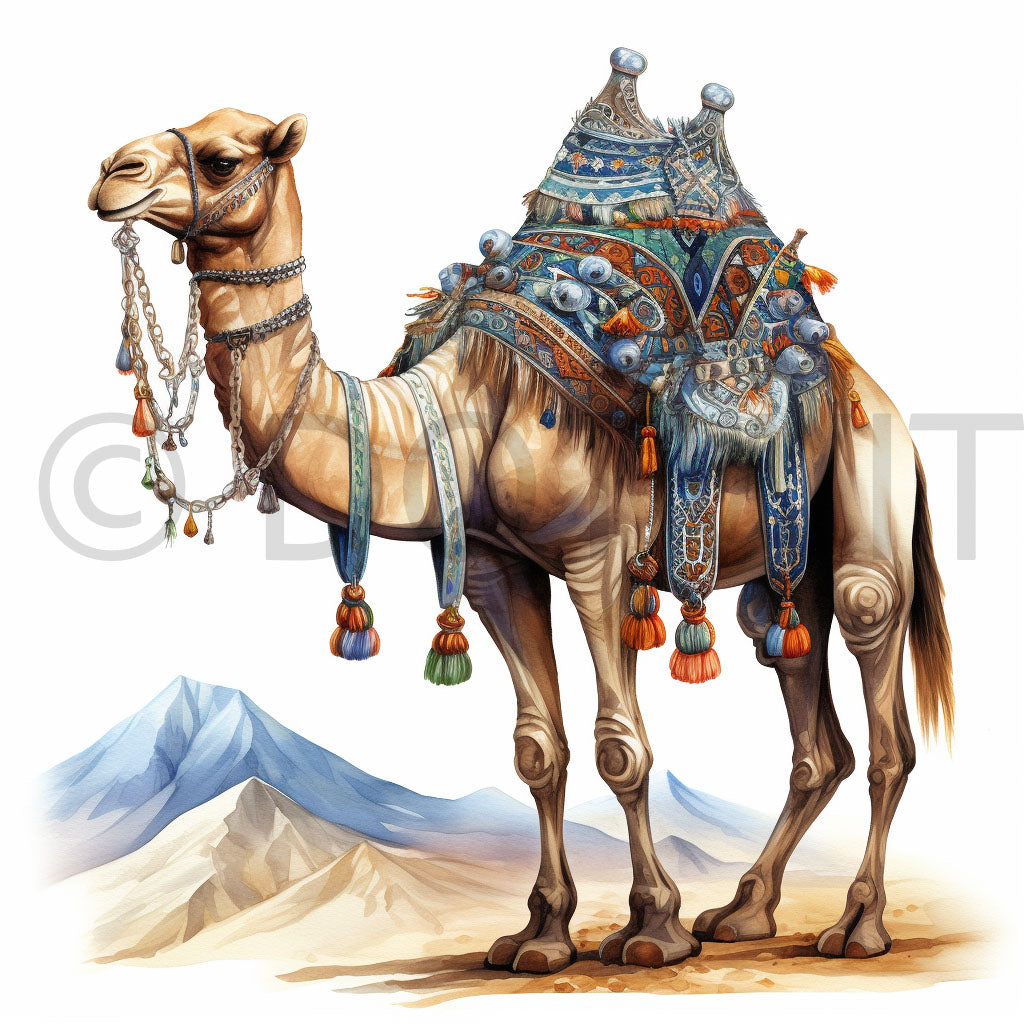 a camel Moroccan Art Watercolors Midjourney Prompt