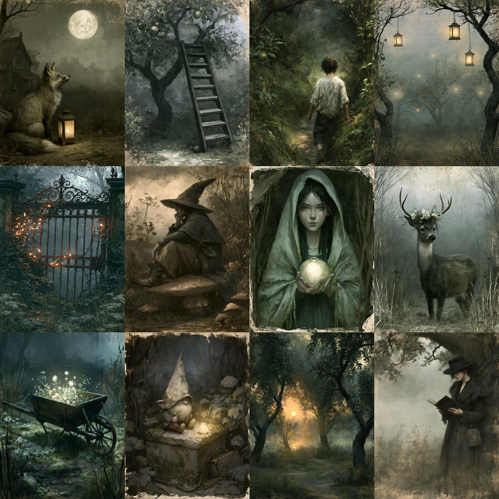 Midjourney V 8.1 Prompts for Mysterious Orchard Printable Pages