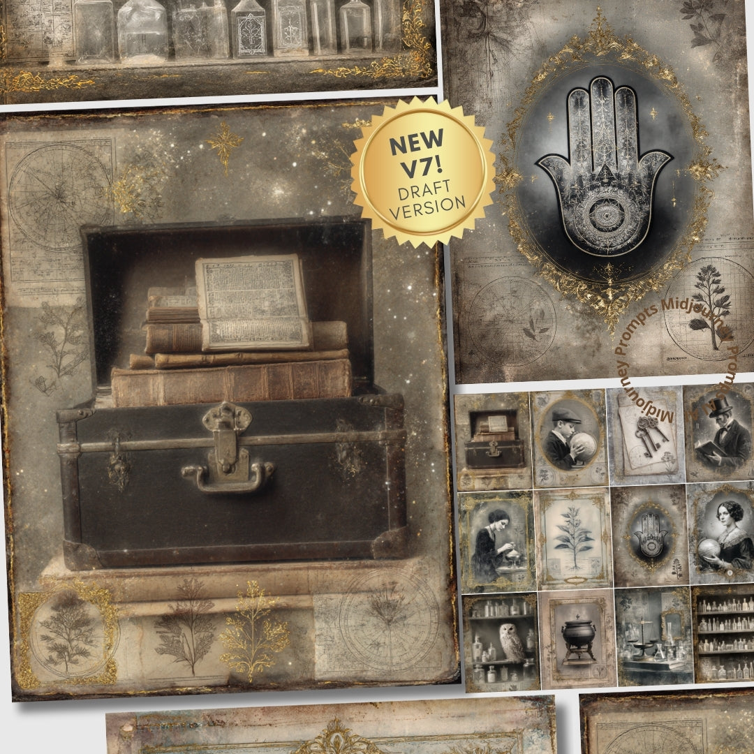 Vintage-style collage with a treasure chest, portraits, and decorative elements.