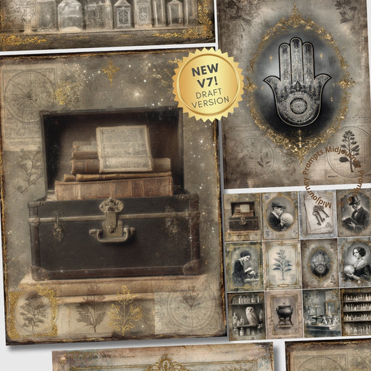 Vintage-style collage with a treasure chest, portraits, and decorative elements.