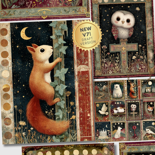 Collage of illustrations featuring animals like a squirrel, owl, and bear in a decorative frame.