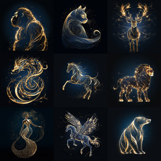 Midjourney Prompt Mystical Gold Art Golden Illustrations collection of nine animals golden