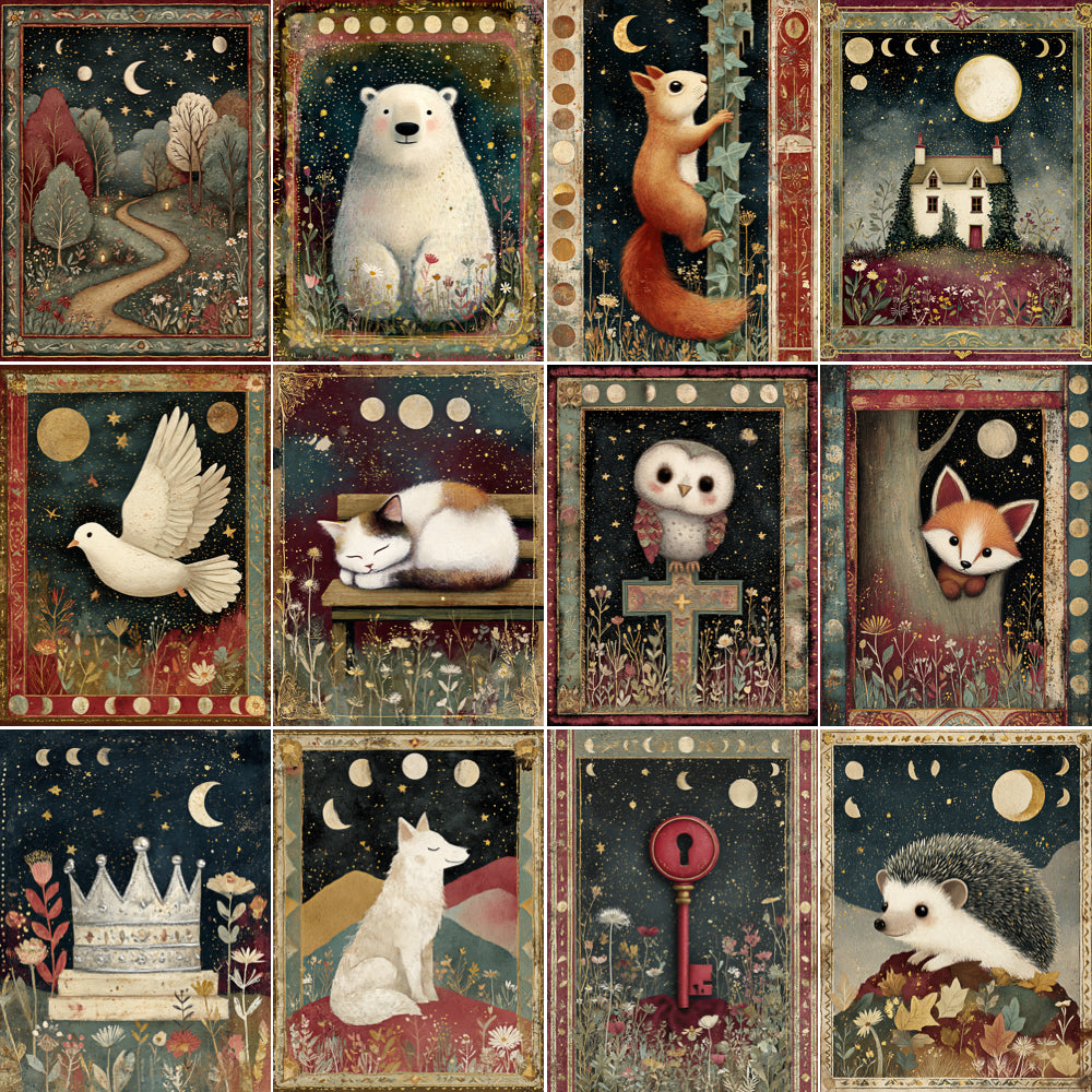 Collage of illustrations featuring various animals in different scenes with decorative borders.