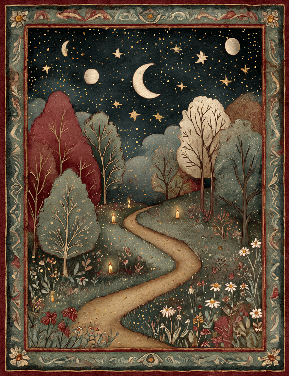 Decorative tapestry with a night scene of a forest path, trees, and celestial elements.