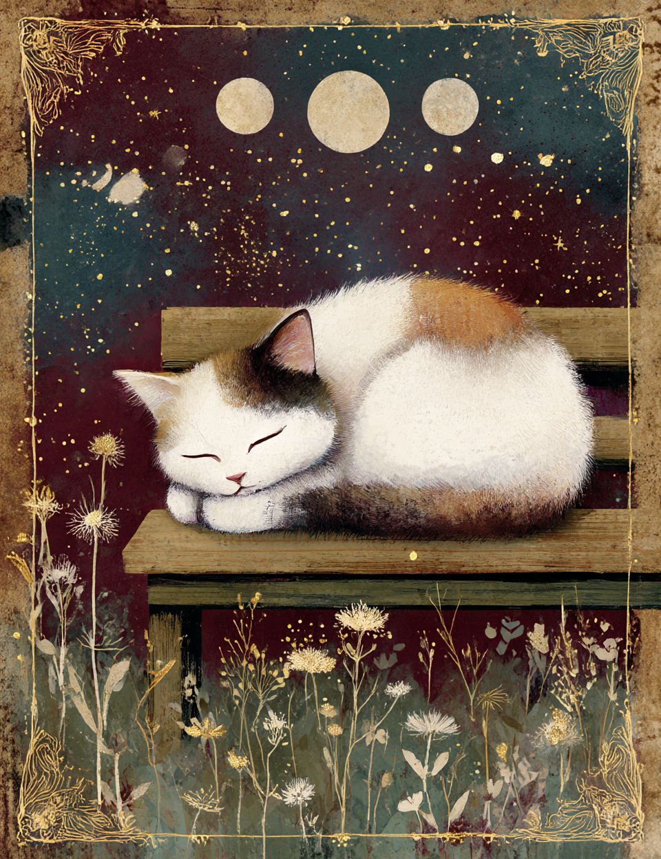 Sleeping cat illustration with moon phases and nature elements