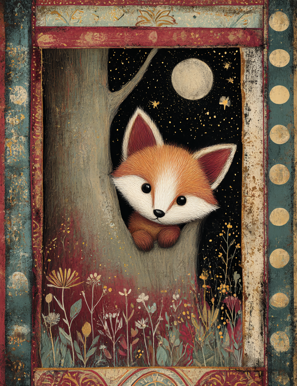 Illustration of a fox peeking from behind a tree with a decorative frame.