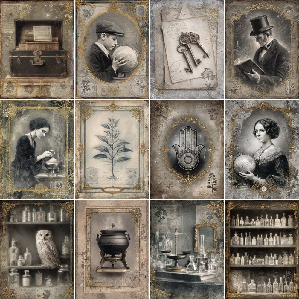 Collage of vintage-style illustrations featuring historical figures, scientific equipment, and nature.