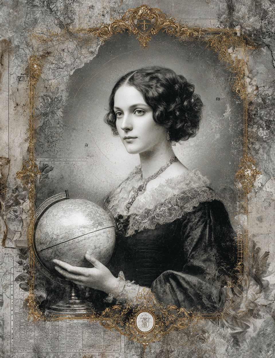 Vintage-style portrait of a woman holding a globe with decorative frame.