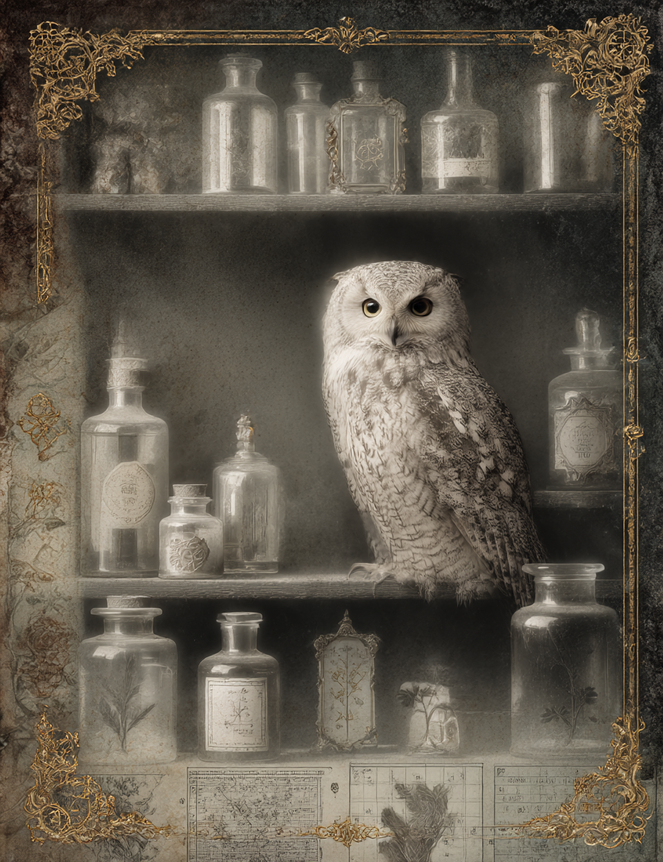 Owl sitting on a shelf with vintage bottles in a decorative frame