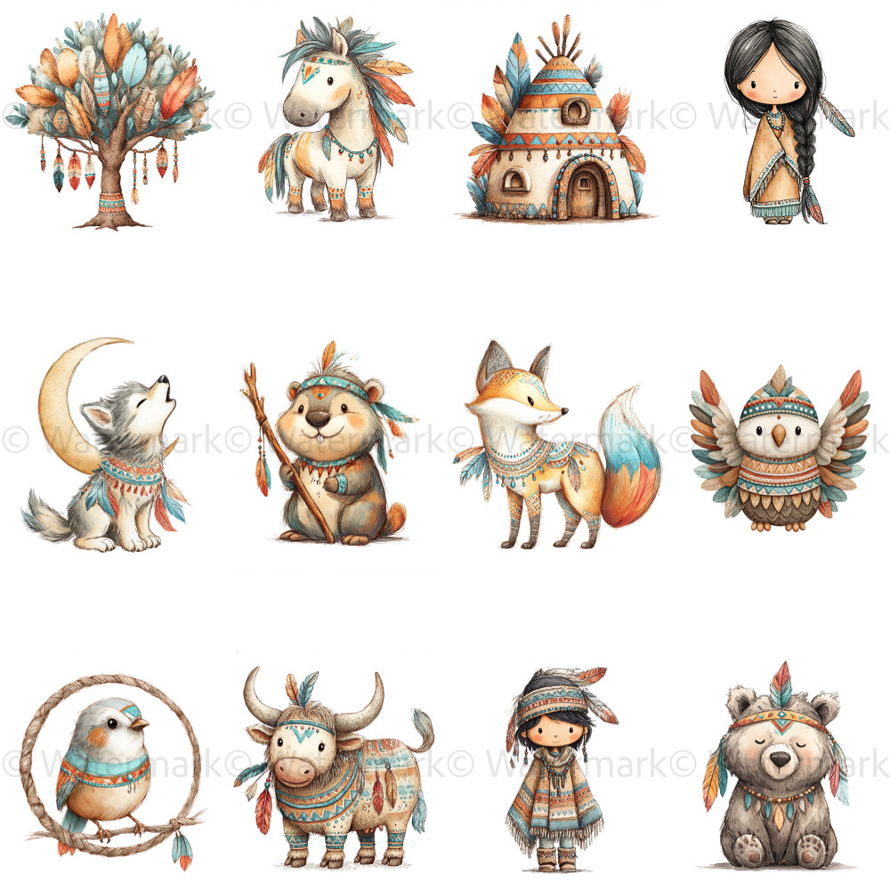 Set of illustrated animals and objects with tribal and nature-themed decorations on a white background.