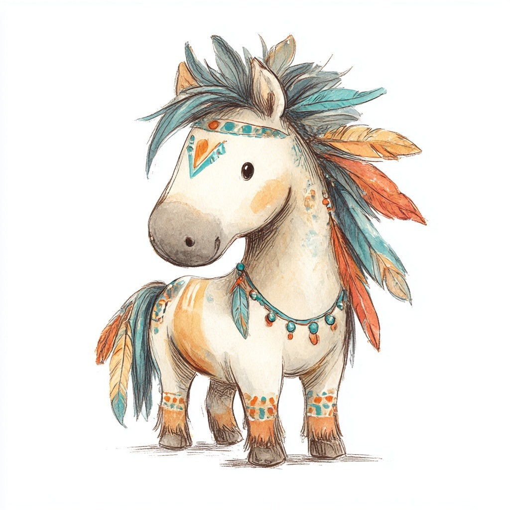 Illustration of a horse with feather headdress on a white background
