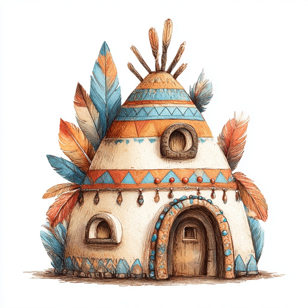 Decorative teepee with feather accents on a white background