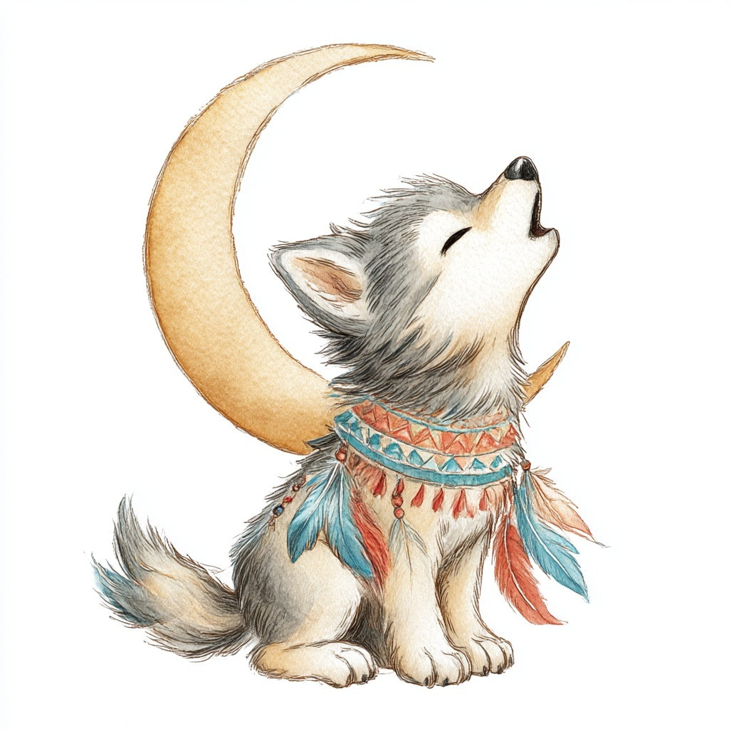 Illustration of a wolf howling at a crescent moon with colorful accents on a white background