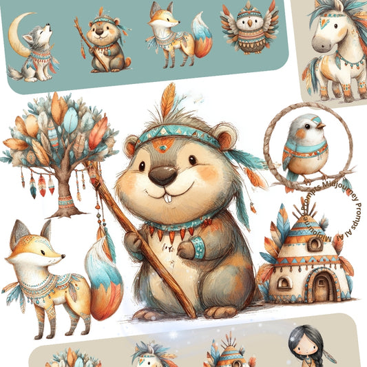 Illustrations of anthropomorphic animals with tribal designs on a white background