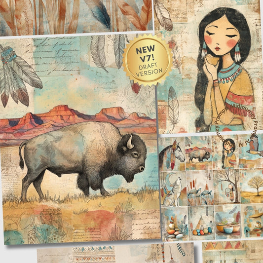 Collage of Native American-themed illustrations including a bison, landscape, and people with feathers.