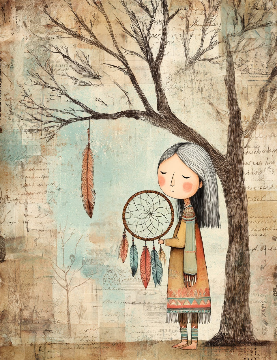Illustration of a girl holding a dreamcatcher under a tree with feathers.