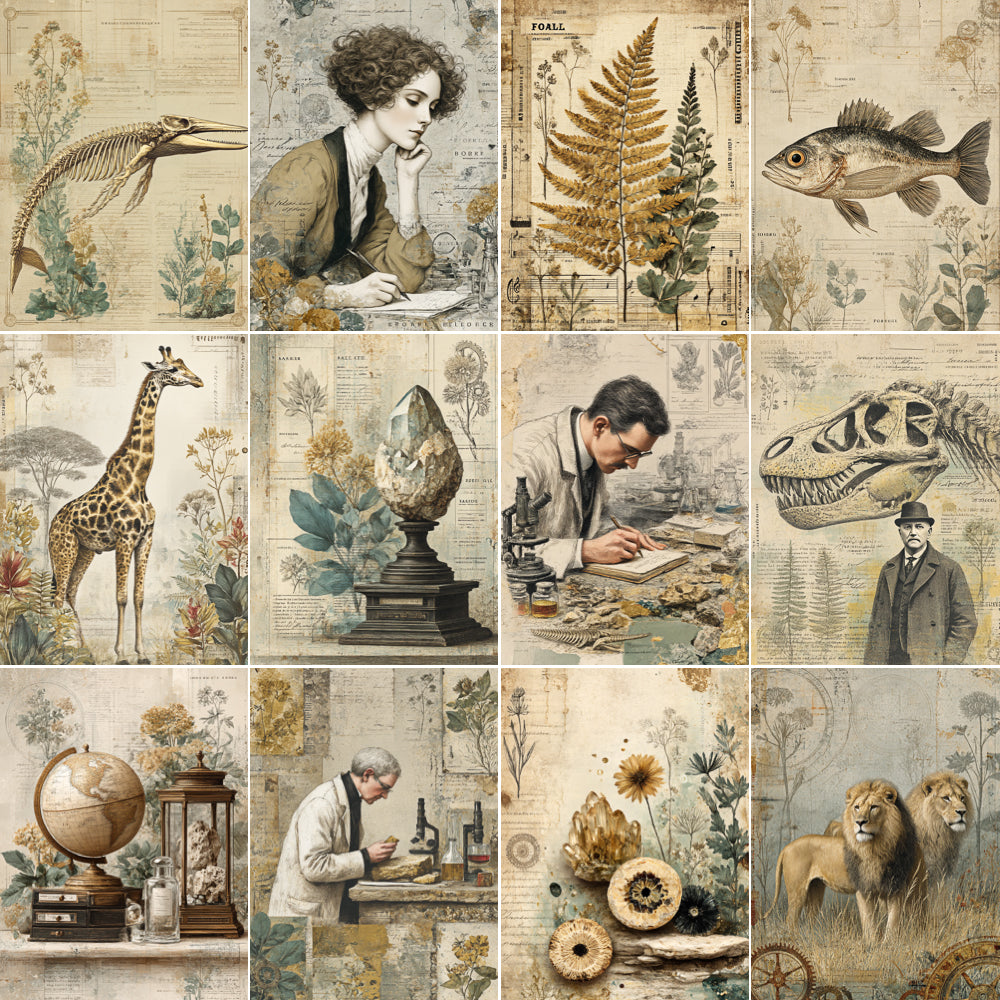 Collage of vintage-style illustrations featuring animals, plants, and scientific elements.