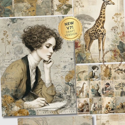 Collage of vintage-style illustrations including a woman, giraffe, and nature elements.