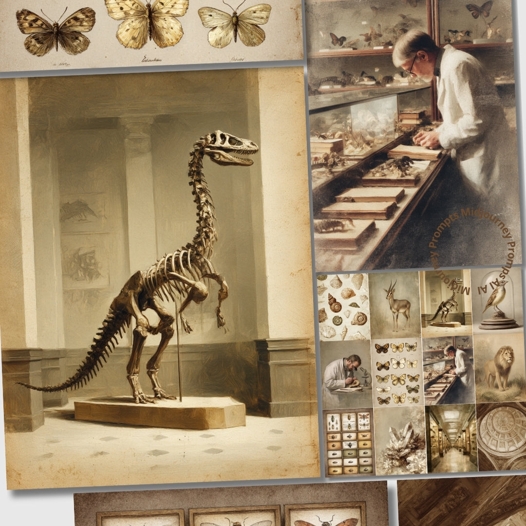 Collage of a dinosaur skeleton, a person in a lab coat, and various specimens in a museum setting.
