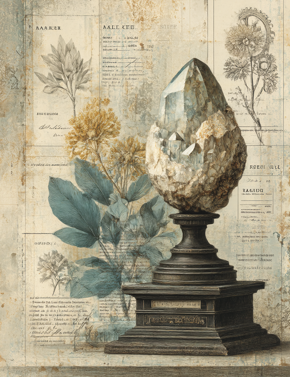 Decorative collage with crystal egg, plants, and vintage text on a beige background