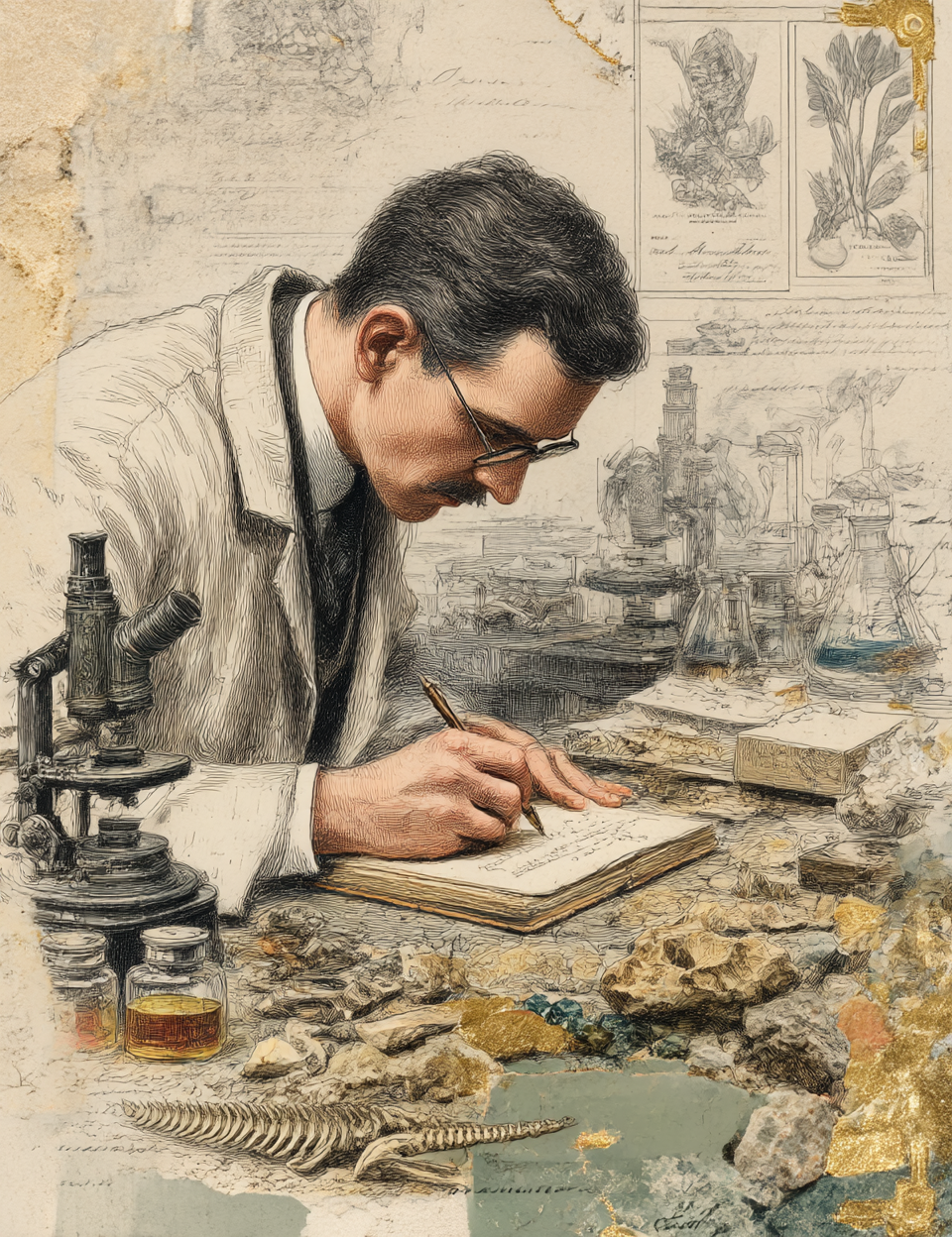 Illustration of a scientist in a laboratory with a microscope and books.