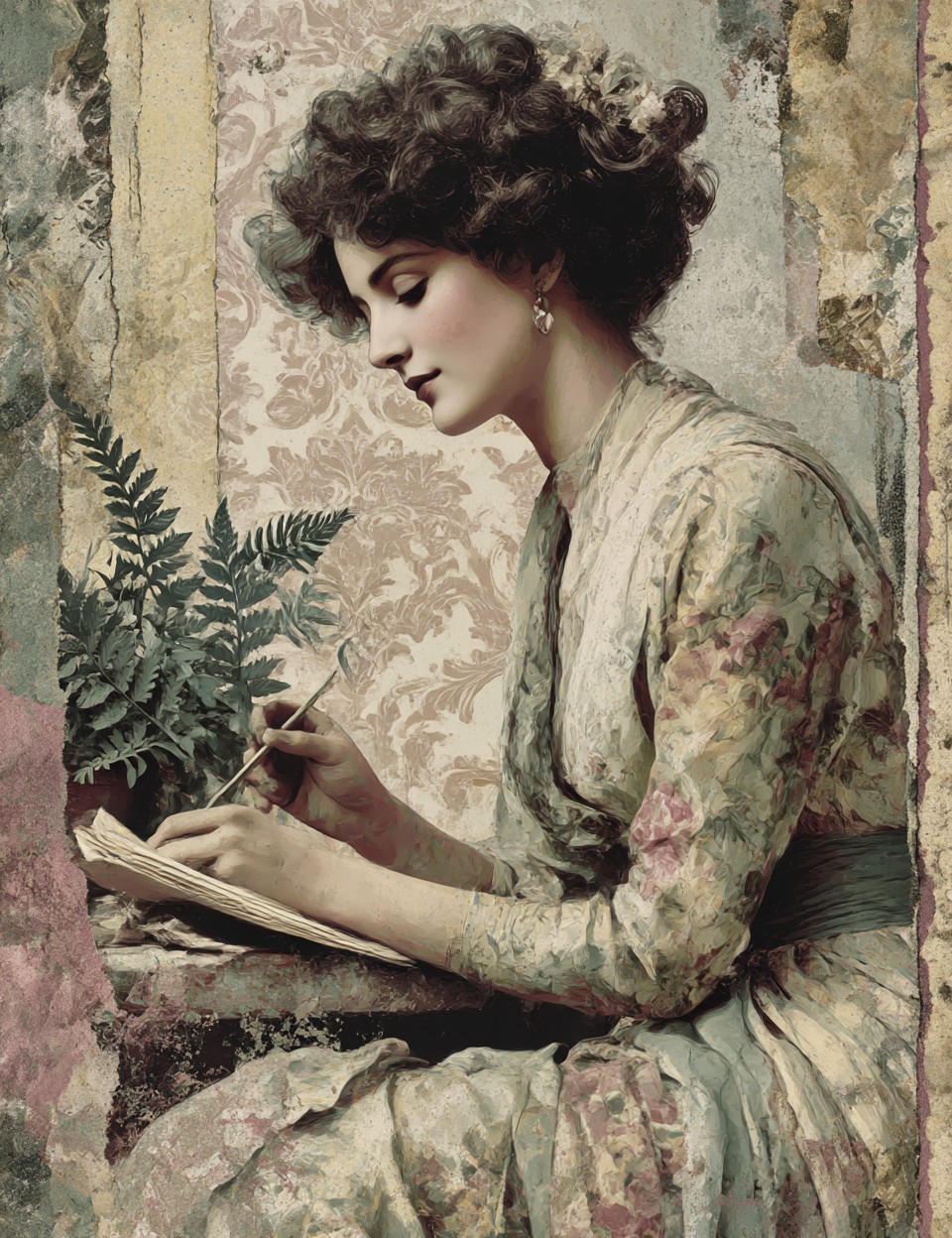 Woman in a floral dress writing in a notebook with a pen, surrounded by nature.