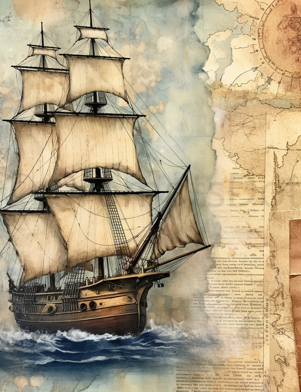 a ship Midjourney Prompts For Nautical Digital Papers Ephemera