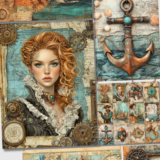 Collage of a woman with red hair, steampunk elements, and an anchor on a textured background.