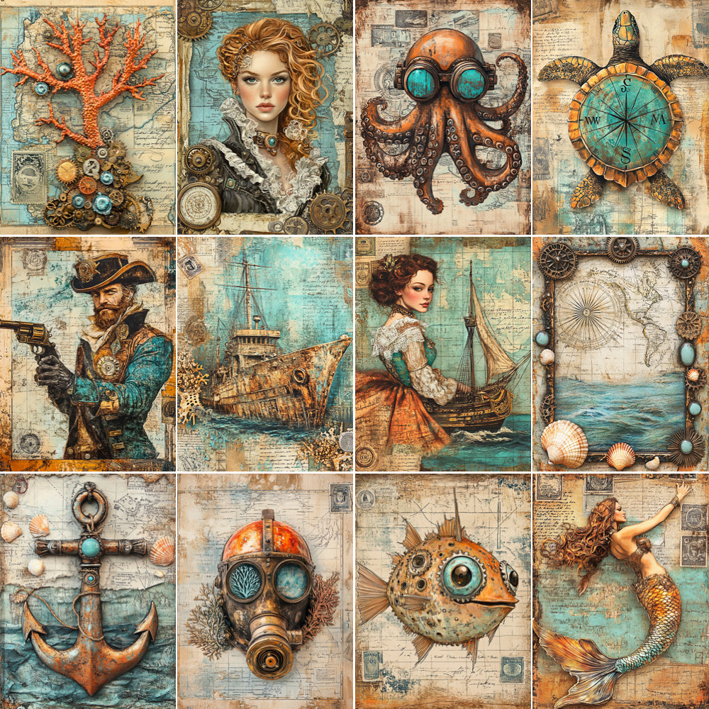 Collage of vintage-style illustrations featuring maritime and fantasy elements.