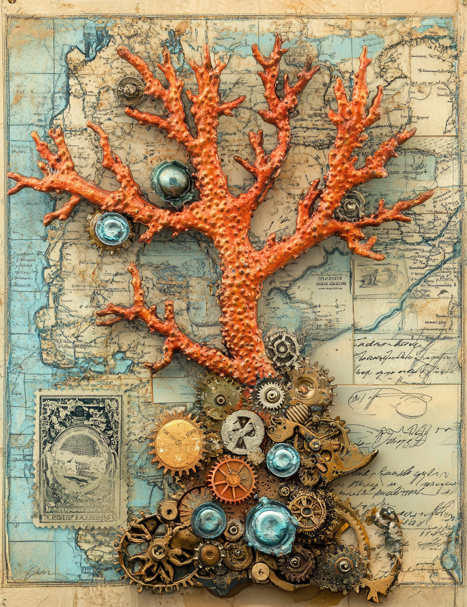 Artistic wall piece with orange coral-like structure and mechanical gears on a map background